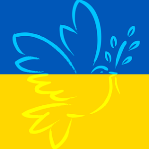 Die Flagge der Ukraine. Der obere Teil ist blau, der untere Teil ist gelb. Auf der Flagge ist ein weißer Umriss einer Taube mit einem Zweig im Schnabel abgebildet.